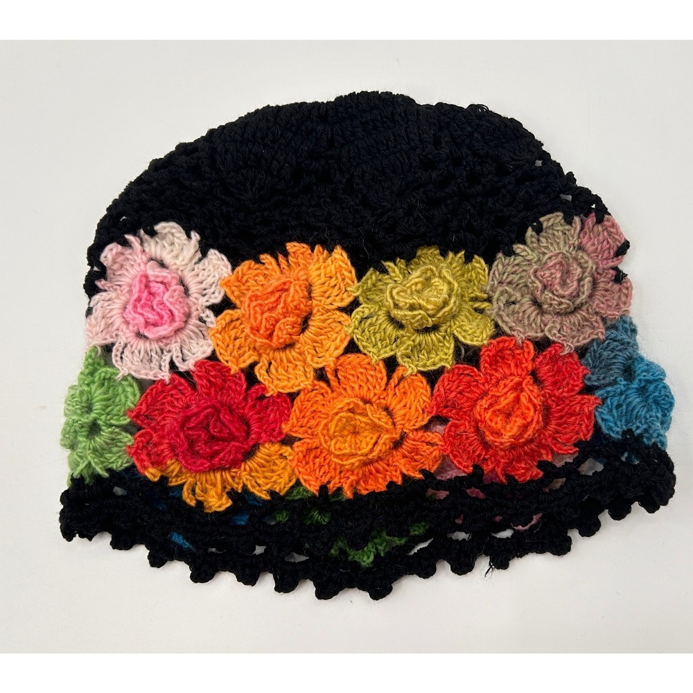 Handmade Crochet Floral Beanie Black Multicolor Boho 3D Flower Skull Cap Hat